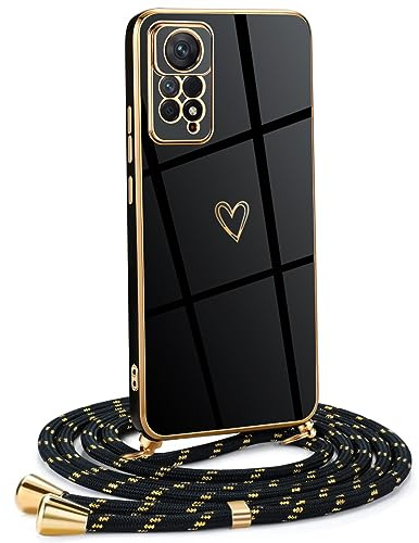 Mkej Frauen Mädchen Handykette Kompatibel mit Xiaomi Redmi Note 11/ Note 11s - Silikon Hülle mit Band - Handyhülle für Xiaomi Redmi Note 11/ Note 11s Herz Love Design Galvanik - in schwarzes Gold