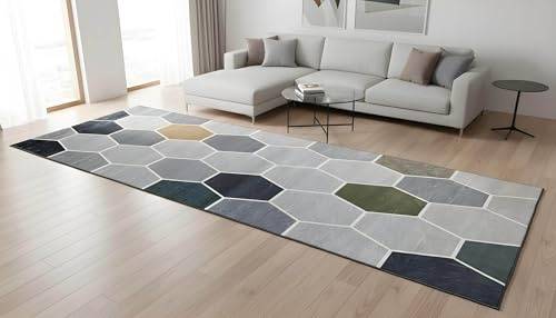 LIKE IT MORE Modern Teppich für Wohnzimmer, Schlafzimmer, Küche und Flur - Waschbarer Rutschfester Teppichläufer - Großer Teppich Läufer Beige Grau Blau Weiß 80x300 (Jupiter Grau)