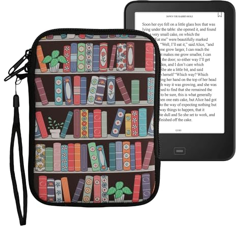 kwmobile Tasche für eReader - Neopren Hülle Schutzhülle Bücherregal mit Pflanzen Blau Grün Pink - 17 x 12 x 2 cm Innenmaße