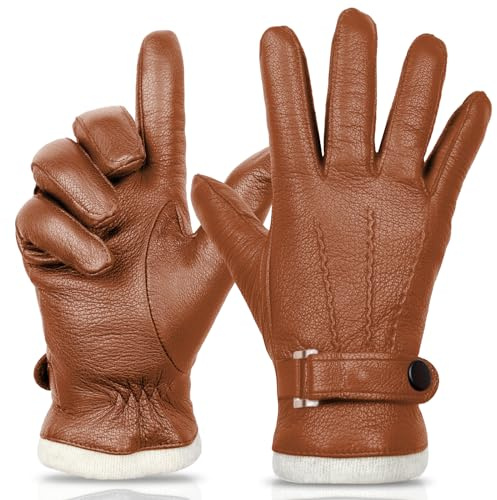 SURAWIL M051US-T Herren-Lederhandschuhe, Touchscreen-Handschuhe, Winterhandschuhe für Herren, Fahrhandschuhe, Kaschmirfutter, M051US-T, Cognac, Medium
