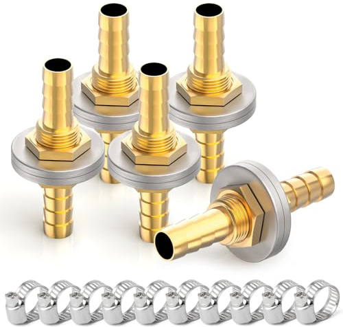 ERGAOBOY 5 piezas de 14 mm a 14 mm de latón para manguera con cabeza pasante a granel, unión recta hexagonal con 10 abrazaderas de manguera