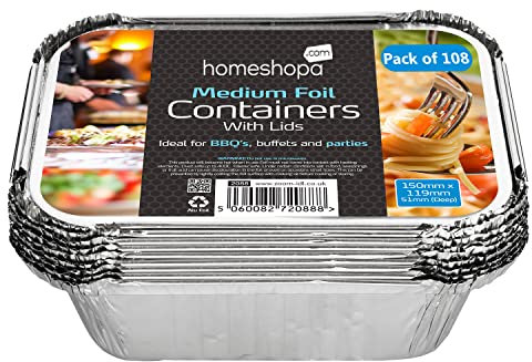Homeshopa Aluminum Foil Trays Containers with Lids, 108 Pack Medium Disposable Meal Prep Food Storage Takeaway Tin, Reusable Catering Trays with Secure Lid for Roasting Baking Cooking & Freezing