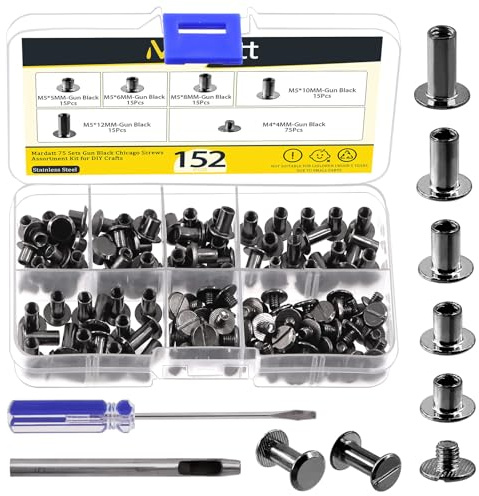 Mardatt 152Pcs 5 Sizes Chicago Screws with Punch and Screwdriver, M5 x 5/6/8/10/12MM Carbon Steel Chicago Rivets M5 Chicago Binding Screws Flat Head Leather Rivets for DIY Leather Repair(Gun Color)