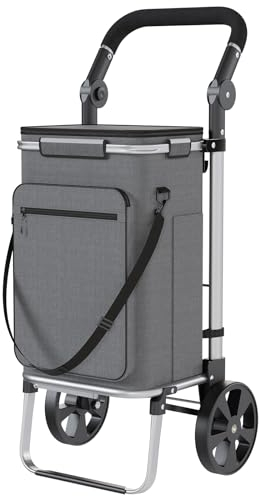 MYHMCT 3in1 Einkaufstrolley, Trolley klappbar mit 50L Kapazität und belastbar bis 50kg, Einkaufswagen mit Kühlfach, Einkaufstasche mit Rollen, Tasche abnehmbar, Einkaufstrolley Treppensteiger Grau