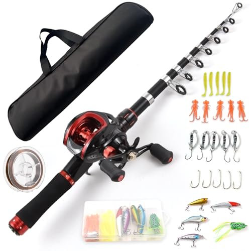 Jemora Angelrute und Rolle Combo 2,1 m Teleskop Angelrute mit Links Hand Baitcasting Rolle