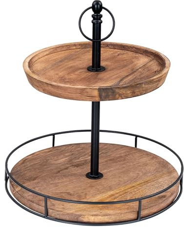 levandeo Etagere Holz 2 Etagen H38cm Akazienholz Schwarz Natur Servierplatte Kuchenständer Deko Tischdeko Wohndekoration