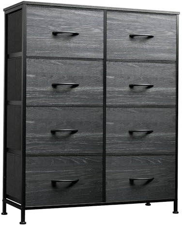 WLIVE Kommode mit 8 Schubladen aus Stoff, Kommodenschrank für Schlafzimmer, Kommode Flur Wohnzimmer, mit Stabiler Metallrahmen, Schwarze Holzmaserung