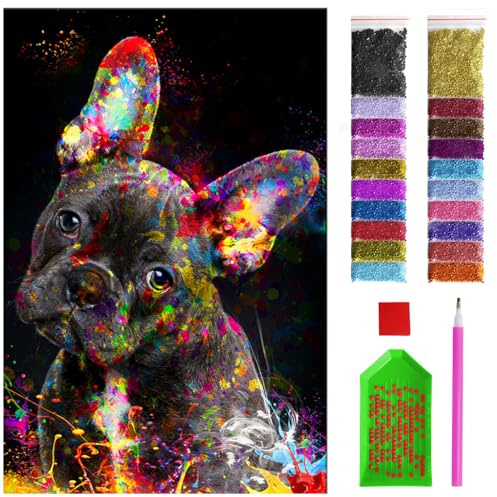 ARTULIO Diamond Painting Set - Französische Bulldogge mit Farbe bemalt - 40x60 cm - Groß XXL - 5D Diamant Painting Bilder DIY, Diamond Painting Erwachsene