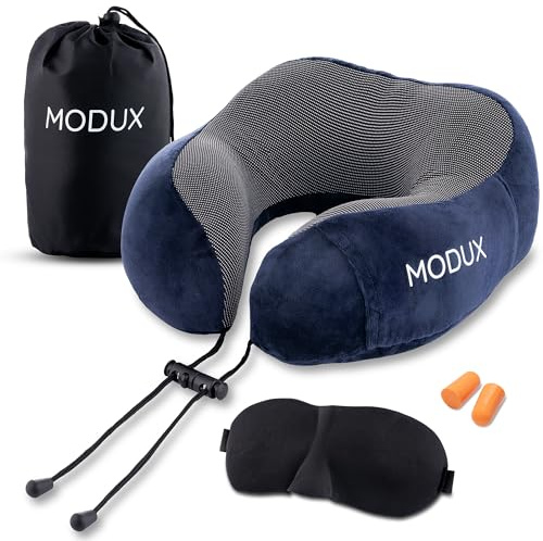 Modux Nackenkissen für Reisen – Memory Foam Kissen für Flugzeug, Auto und Outdoor, Schlafmaske, Ohrstöpsel und Aufbewahrungstasche Travel Pillow