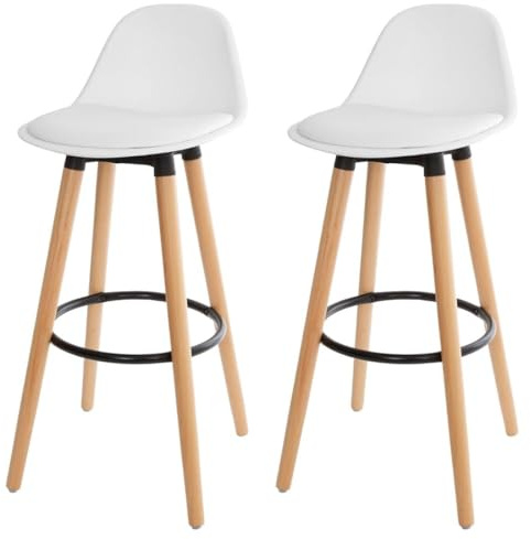 Acomoda Textil – Juego de 2 Taburetes de Bar para Cocina, Salón, Comedor y Restaurante. Silla Alta, Acolchada y Cómoda con Respaldo y Reposapiés 40,5x38x91,5 cm. (Blanco)