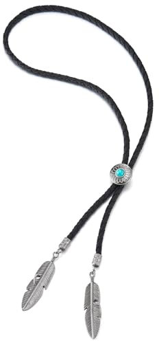 COOLSTEELANDBEYOND Türkis Bolo Tie Krawatte Feder Anhänger, Lariat Rodeo Lange Y Halskette für Herren Damen, Schwarz Leder