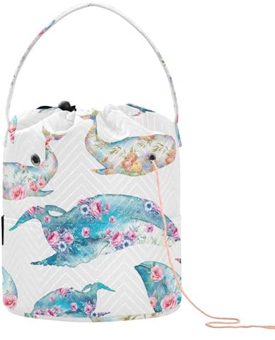 Aufbewahrungstasche für Garn mit blauem Wal mit Blumen, Garn mit Löchern, Reiseaufbewahrung für Reisen, Häkeln, Organizer