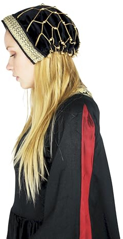 Leonardo Carbone® Damen Kopfbedeckung Samthaube Elaine | Perlenverzierung | Mittelalterliches Design | Karneval, Halloween, Cosplay, LARP, Haube, Hut, Kopfschmuck | 100% Baumwolle