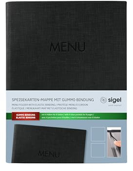 SIGEL SM203 Speisekarten-Mappe A5, Gummi-Bindung, schwarz mit Leinenstruktur, strapazierfähig und leicht abwischbar