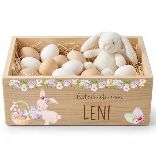 Kidsmood - Personalisierte Holzkiste mit Namen – Aufbewahrungskorb zu Ostern für Kinder, nachhaltig & kindersicher für Osterdeko & Ostergeschenke mit träumendem Schlafhase (40x30x13)