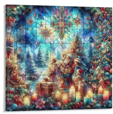Religion Jesus Kirche Engel Bibel Buntglas Weihnachten Leinwanddruck Bilder Kunstwerk Dekoration Leinwand Wandkunst fertig zum Aufhängen für Wohnzimmer, Badezimmer, Schlafzimmer, Büro