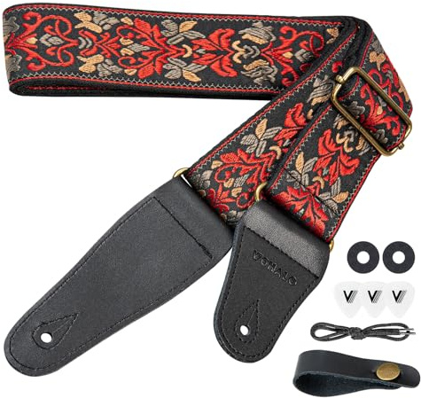 VOHALO Tracolla per Chitarra Acustica ed Elettrica, Spallaccio Imbottito Extra, Design Floreale Vintage, Lunghezza Regolabile 100-150cm, Include Plettri & Accessori (Rosso)