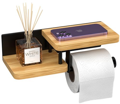 Dreamhigh® Toilettenpapierhalter mit Ablage, Toilettenpapierhalter Holz, Elegante Klopapier Aus Stahl Bambus Aufbewahrung Wc Halterung Klorollenhalter für Küche Badzimmer