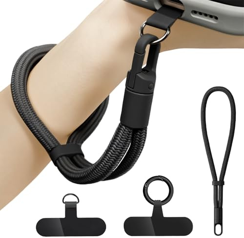 Bellanova Verstellbare Handykette Kurz, Handschlaufe für Handyhülle, Polyester Handyband, Schlüsselband mit Drehbarem Zinklegierung Karabiner (Schwarz)