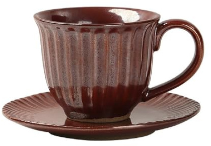 MAGICVOGEL Cappuccino Tasse mit Unterteller Steingut Espressotasse 160ml Kaffeetasse Vintage Porzellan Teetasse Mokkatasse für Zuhause Büro Café (Dunkel-Rot)