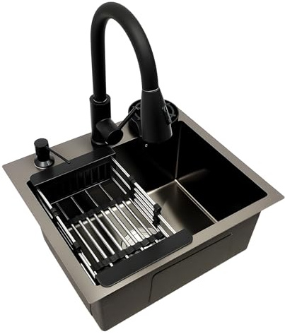 Fregadero de granito de acero inoxidable, 45 x 40 cm, color negro, juego completo con grifo, escurridor, dispensador de jabón y lavavajillas para tazas, fregadero empotrable para armarios bajos a
