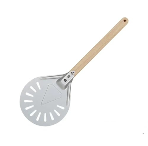 Pizza Turning Small Peel Paddle Short Round Tool Non Slip Wooden Handle Perforated Shovel Aluminum for Pizza Oven, Bread Baking