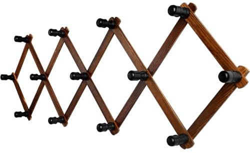 Bohexyu Accordion Wall Hanger, Wood Expandable Wall Mounted Hanger with 13 Hooks for Coats,Hats,Coffee Mug Ect,1 Pack Included,13 Pegs, Walnut Color,Retro Style,14Inch