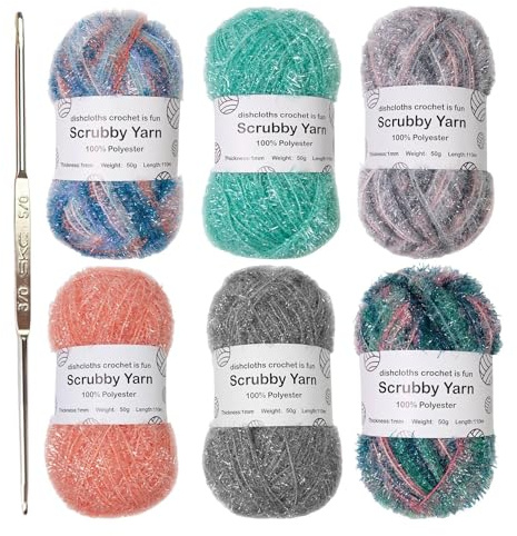 6 Skeins Sparkles Scrubby Ya-rn, Scrubby Yar-n, Cotton Yarn, Assortment Pastel Y-arn, Rainbow SparklyYarn, for Crocheting Knitting Dishcloths Washcloths Home Decor, Polyester DishclothYarn