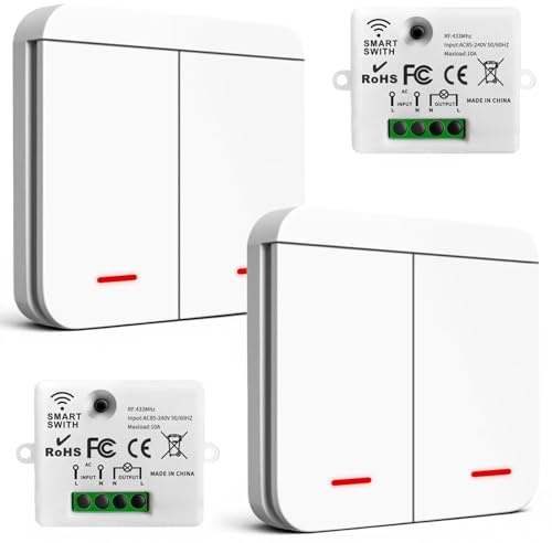 Interrupteur Sans Fil, 230V Interrupteur Va Et Vient Sans Fil, Interrupteur Radio D'éclairage Portée Télécommandé De 30 M, Panneau Mural RF Et Contrôleur De Récepteur 10A, Pour Lampe Jusqu'à 1500W,2V2