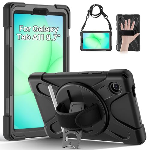 Gerutek Shockproof Case for Samsung Galaxy Tab A11 8.7 inch 2025, Black | samsung a11 tablet case, rugged heavy duty, galaxy tab a11 Case, with 360 rotating stand/ hand strap, shoulder strap cover