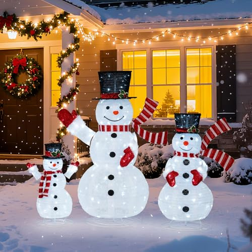 Goplus 3 Pcs Lighted Pop-up Snowman Decoration, Pre-lit Snowman Family with 270 Cold White LED Lights, Ground Stakes, Indoor & Outdoor 3D Christmas Holiday Display for Yard, Garden, Fireplace