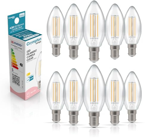 Crompton Lamps Filament Candle LED Light Bulb SBC-B15d | 4.2W = 40W Equivalent | Warm White 2700K | Energy Efficient | Small Bayonet Lightbulb | Long Life 15000-Hrs | Clear Glass | 10-Pack