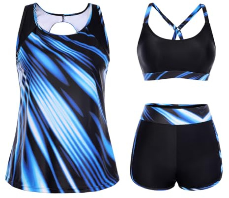 Hanna Nikole 3 Piece Tankini Swimsuit for Women,Sport Bikini Sets,Modest Swimwear,Tummy Control Swimming Costume，Adjustable Bathing Suit and High Waist Swim Shorts with Pockets