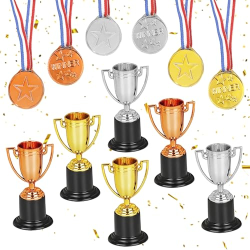 Simsky 6 Stück Mini Pokale Trophäen, Mini Goldene Trophäen für Kinder Kunststoff, Pokal Medaillen Kinder, für Kindergeburtstag, Sportwettbewerbe und Schulveranstaltungen
