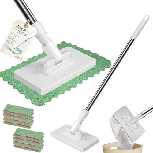 Mini Mopp mit Automatischen Tuchwechsel - Zum Wechseln von Tüchern , Wischmopp mit Druck-Klemm-System, 100 cm Teleskopstiel für Enge Räume, Reinigung von Boden, Wand (1Mop+10Tuch)
