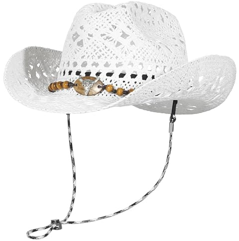 GEMVIE Cappello da Cowboy Occidentale Intrecciato a Mano con Tesa Larga Paglia Panama Cappello da Sole per Uomo e Donna,Top Bianco-H,56/58 IT