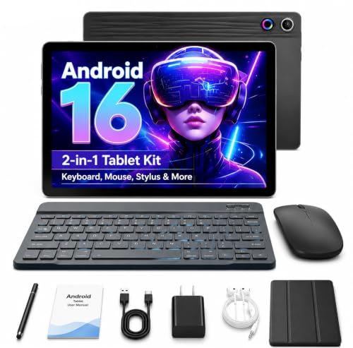 Latest 2026 Upgraded Android 16 Tablet 10.1 Inch with IPS HD Touch Screen, Dual Camera, 64GB Storage 1TB Expansion, 8 in 1 Tablets Kit with Keyboard, Protective Case, Mouse, Stylus, BT 5.4, WiFi 6