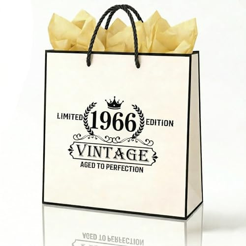 MURISE Geschenktüte zum Geburtstag – Vintage Papier Geschenktasche mit Kordelgriffen, inkl. 2× goldenes Seidenpapier, 22×26×10 cm (60. Geburtstag)