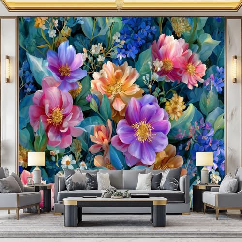Carta da Parati Fotomurale XXL 300 x 210 cm, Nero Poster Murale 3D in Tessuto Non Tessuto per TV Corridoio e Soggiorno, Decorazione Interni di Grande Impatto Vintage Acquerello Fiori Selvatici Piante
