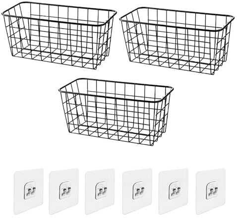 LCFVOFU 3 Pcs Wire Storage Baskets with Hooked, Black Metal Storage Organizer, No-drilling Kitchen Storage Rack for Kitchen Bathroom Bedroom (28.5x12x11cm)