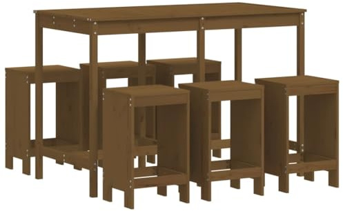 Qnhdfrt 7-TLG. Gartenbar-Set, Stehtisch mit 6 Barhockern aus massivem Kiefernholz, Gartengarnitur in Honigbraun für Terrasse, Balkon & Garten, Rustikaler Stehtisch, 159,5 x 82,5 x 110 cm