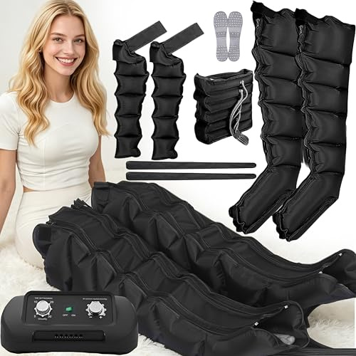 Presoterapia para Casa Abdomen y Piernas, Maquina Botas Aparato Presoterapia Profesional Pierna, 6 camaras Masajeador Circulación (Negro Piernas+Abdomen+Brazos, L+10CM Banda Ancha)