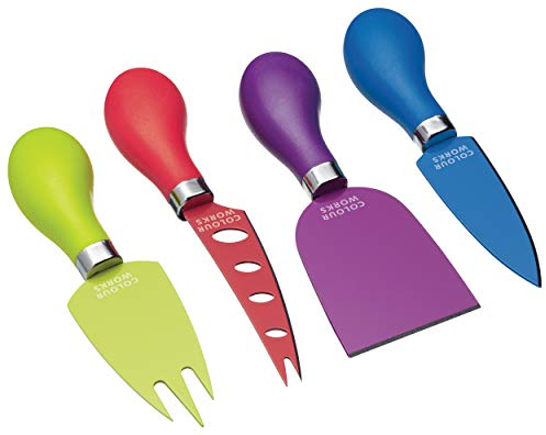 COLOURWORKS KitchenCraft 4-teiliges Käsemesser Set, Messer Edelstahl, Wellenschliffmesser für Weichkäse, spülmaschinenfeste Käseschneider, Edelstahlmesser und Käsegabel, Käseplatte, Mehrfarbig