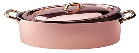 Pentole Agnelli ALCU12630 Cacerola ovalada alta en cobre liso estañado con tapa y 2 asas de latón, 30 cm