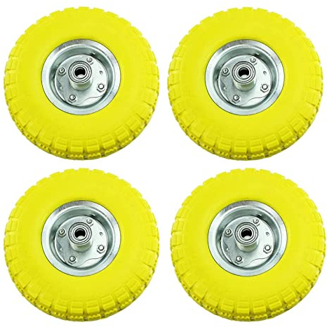 SPARES2GO 10 tum 4,10/3,50-4 massivt gult gummi skottkärra däck och axel hjullager för vagn taggvagn (paket med 4)