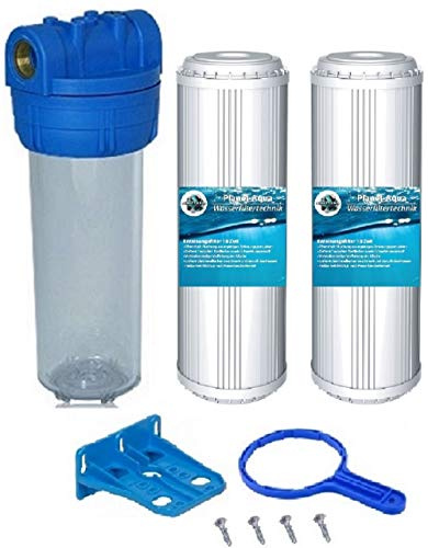 Planet-Aqua Filtergehäuse Set DUOS 10 Zoll 1/2 Anschluß + 2 EISENFILTER Kartusche Patrone 1x GEHÄUSE SCHLÜSSEL 1x WANDHALTERUNG Vorfilter Wasserfilter Hauswasserwerk Brunnenwasser Filter