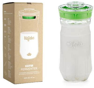 Kefirko Bocal de Fermentation | L'ensemble idéal pour préparer du Kéfir de Lait ou du Kéfir d'eau à la Maison | Fermenteur-germinateur Maison + livret de Recettes | 1.4l | sans BPA | (Vert)