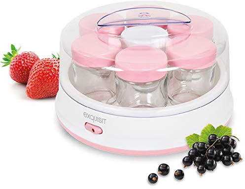 Exquisit Maker YM 3101 WEP | Joghurt selber Machen | Joghurtbereiter | 7 Portionsgläser á 200 ml | Spülmaschinen geeignet | 15 Watt | weiß-pink