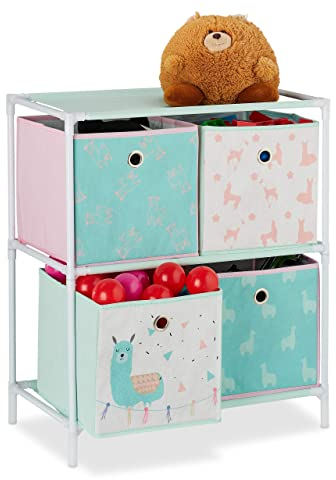 Relaxdays Kinderregal mit 4 Boxen, Jungen & Mädchen, Lama-Design, Regal Kinderzimmer, Spielzeug, HBT 62 x 53 x 30, bunt