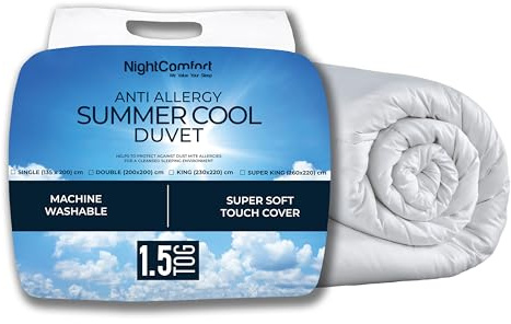 Night Comfort Summer Cool 1.5 Tog Anti-Allergy Super King Duvet - Breathable Premium Microfibre Cover with Lightweight Hypoallergenic Hollowfibre Filling Bedding Quilt - (260cmx220cm, White)